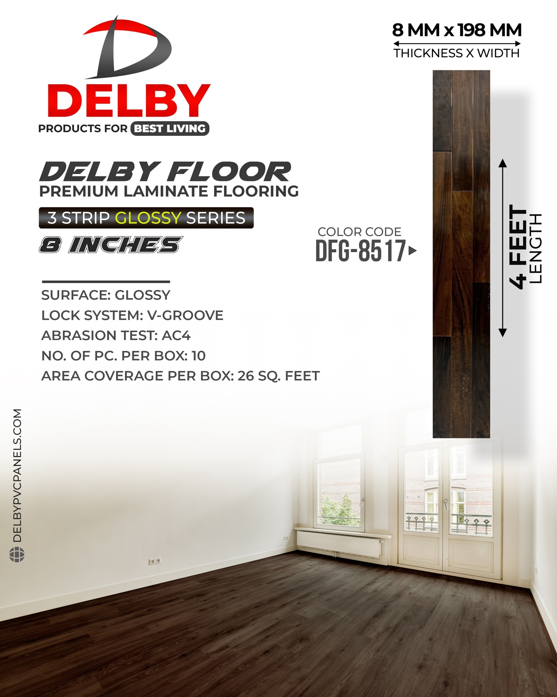 Delby Floor 3-strip Glossy Wooden Flooring - 8-inch Planks | V-groove Locking System, Timeless Elegance & Seamless Installation