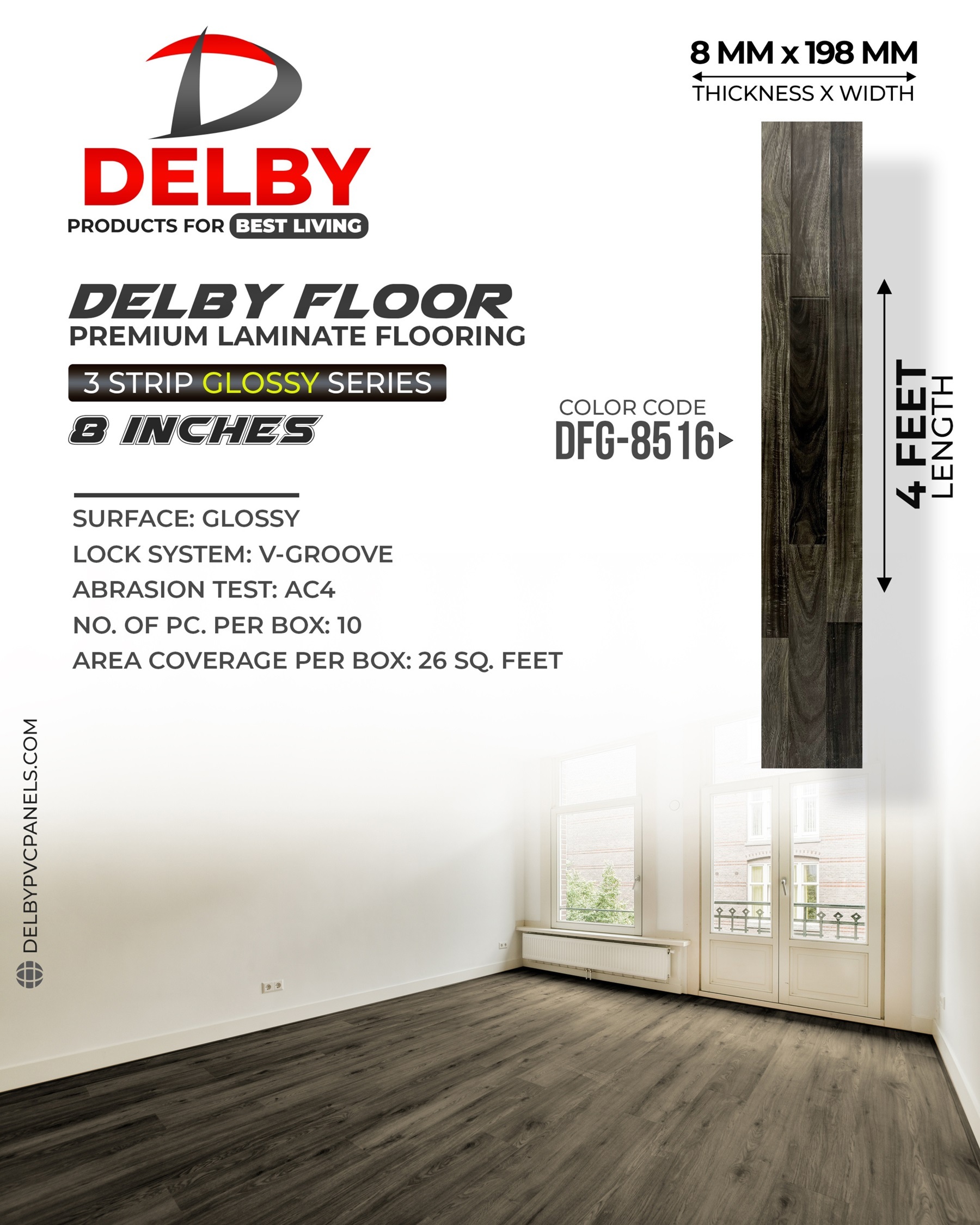 Delby Floor 3-strip Glossy Wooden Flooring - 8-inch Planks | V-groove Locking System, Timeless Elegance & Seamless Installation