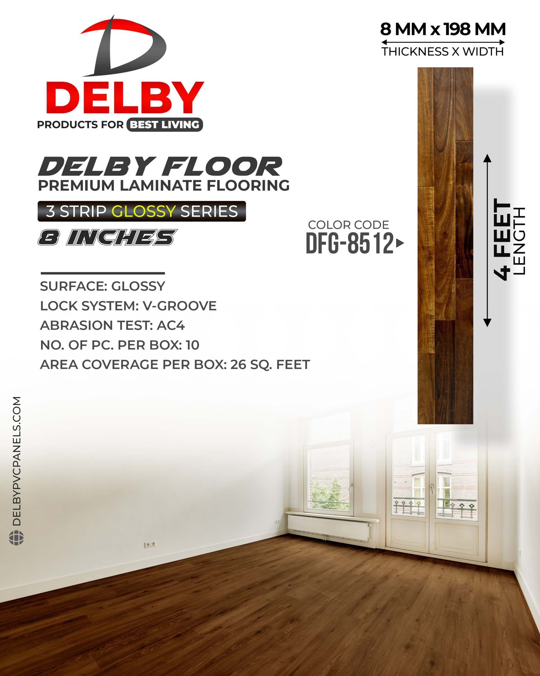 Delby Floor 3-strip Glossy Wooden Flooring - 8-inch Planks | V-groove Locking System, Timeless Elegance & Seamless Installation