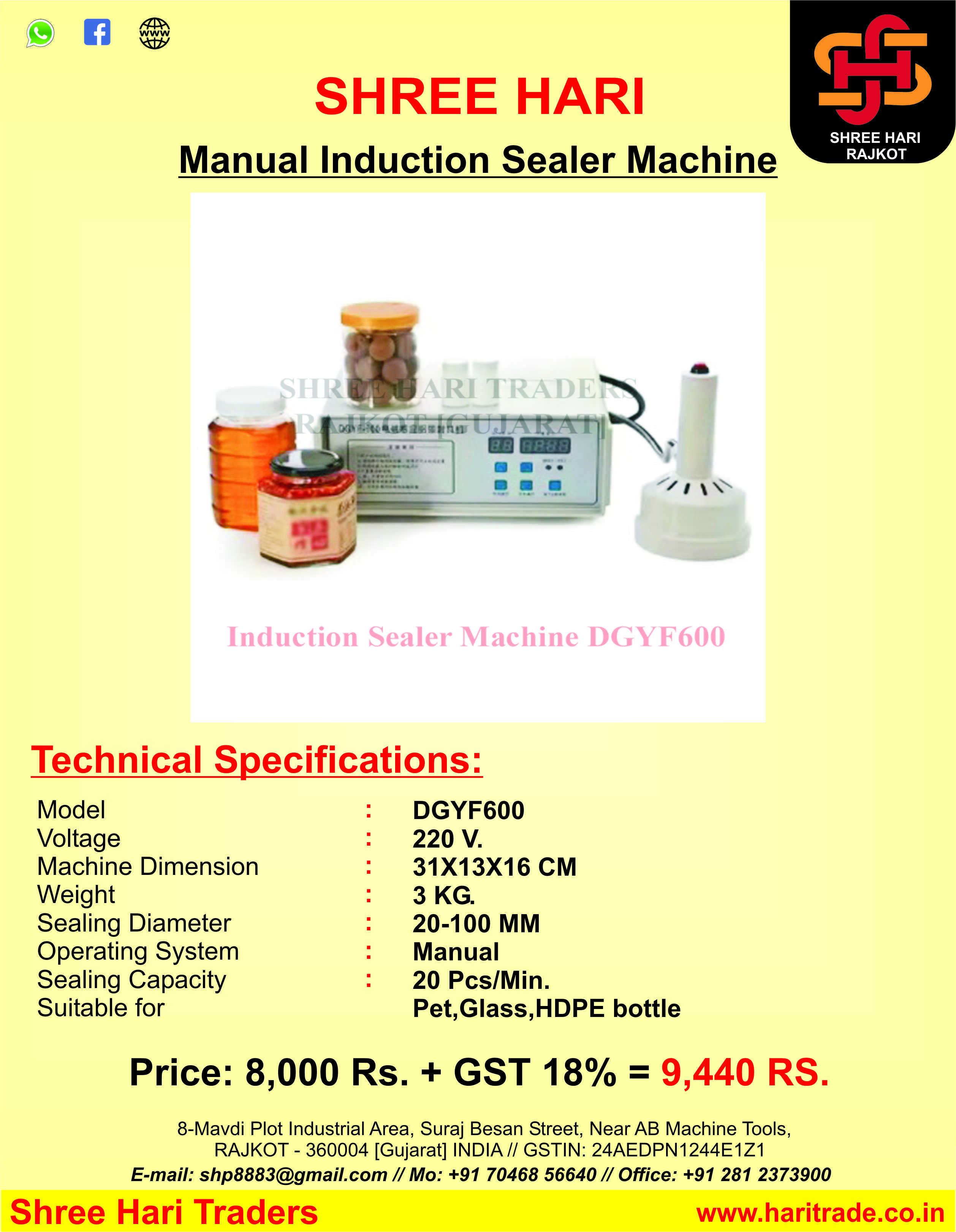 Manual Induction Sealing Machine - 31x13x16 Cm, 3 Kg Weight, 220 Volt, 500 Watt Power, Durably Efficient For Pet, Hdpe, Glass Bottles, White Finish