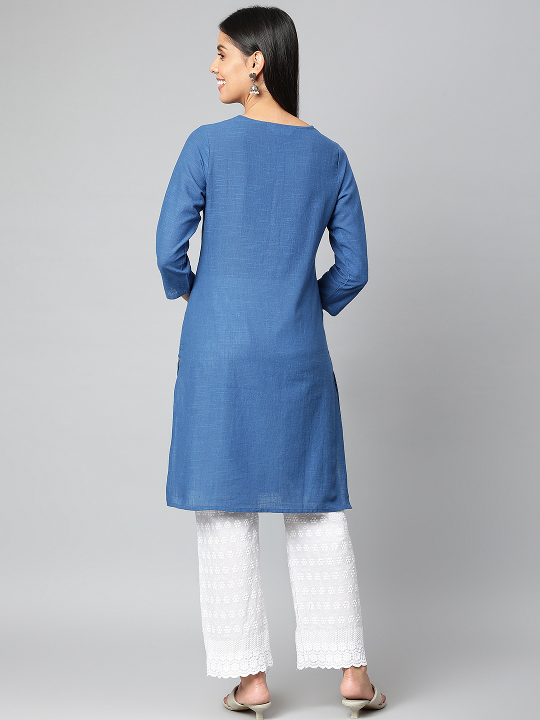 Women Solid Cotton Blend Straight Kurta - Plus Size, Embroidered Blue Design | Quick Dry, Waterproof, Trendy 3-4th Sleeve For All Seasons