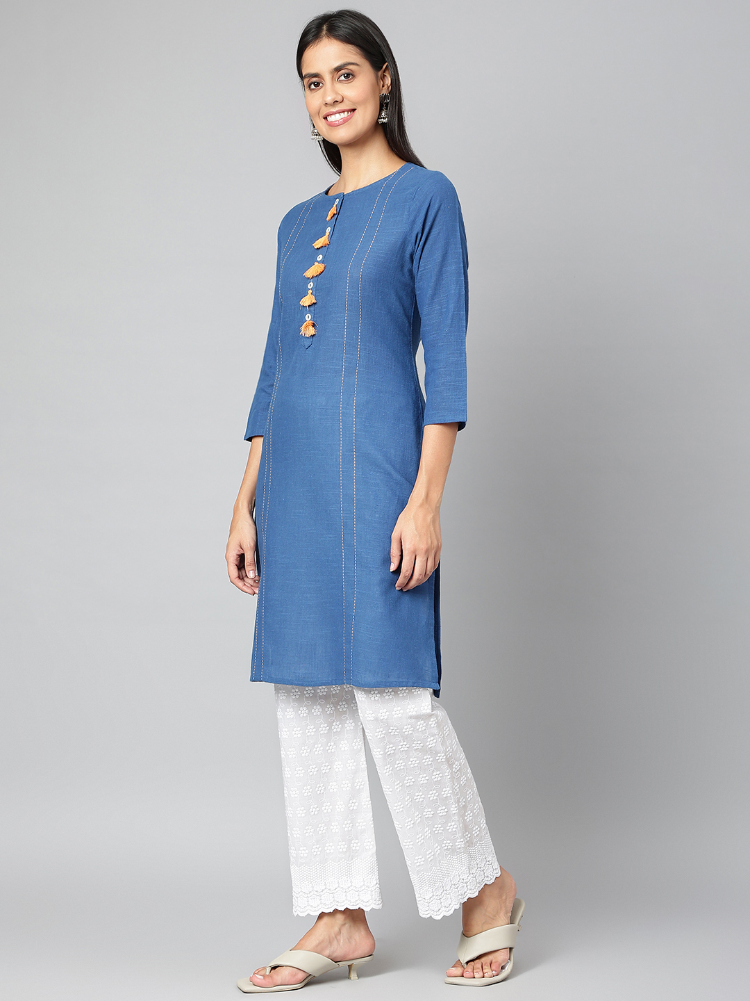 Women Solid Cotton Blend Straight Kurta - Plus Size, Embroidered Blue Design | Quick Dry, Waterproof, Trendy 3-4th Sleeve For All Seasons