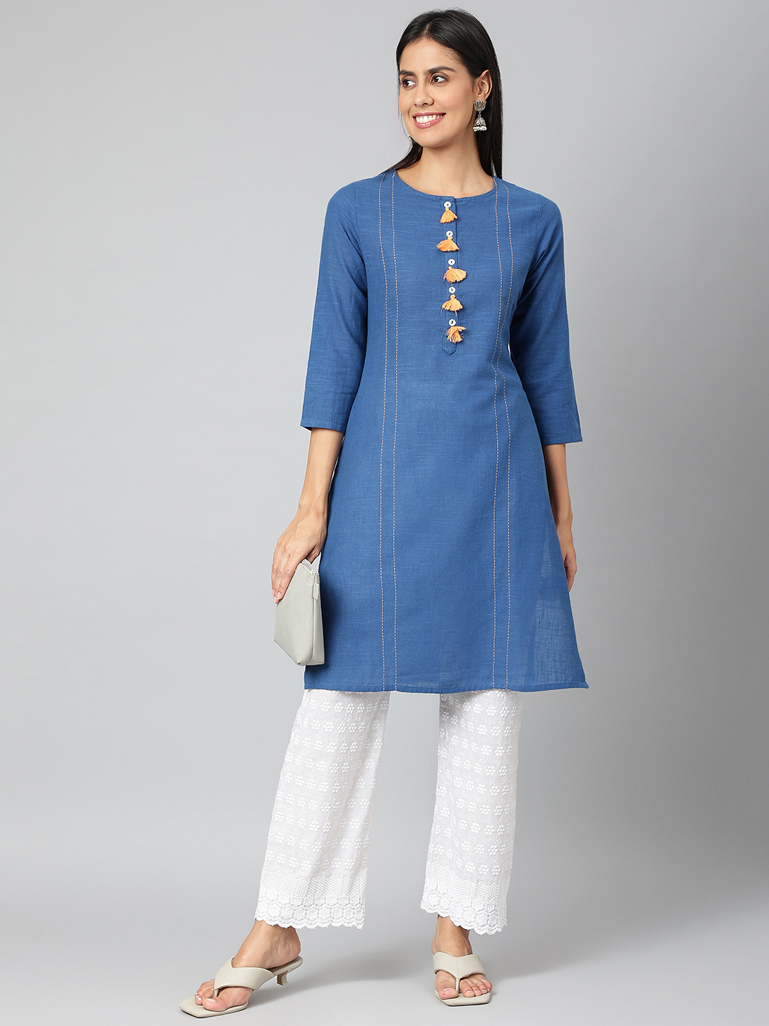Women Solid Cotton Blend Straight Kurta - Plus Size, Embroidered Blue Design | Quick Dry, Waterproof, Trendy 3-4th Sleeve For All Seasons