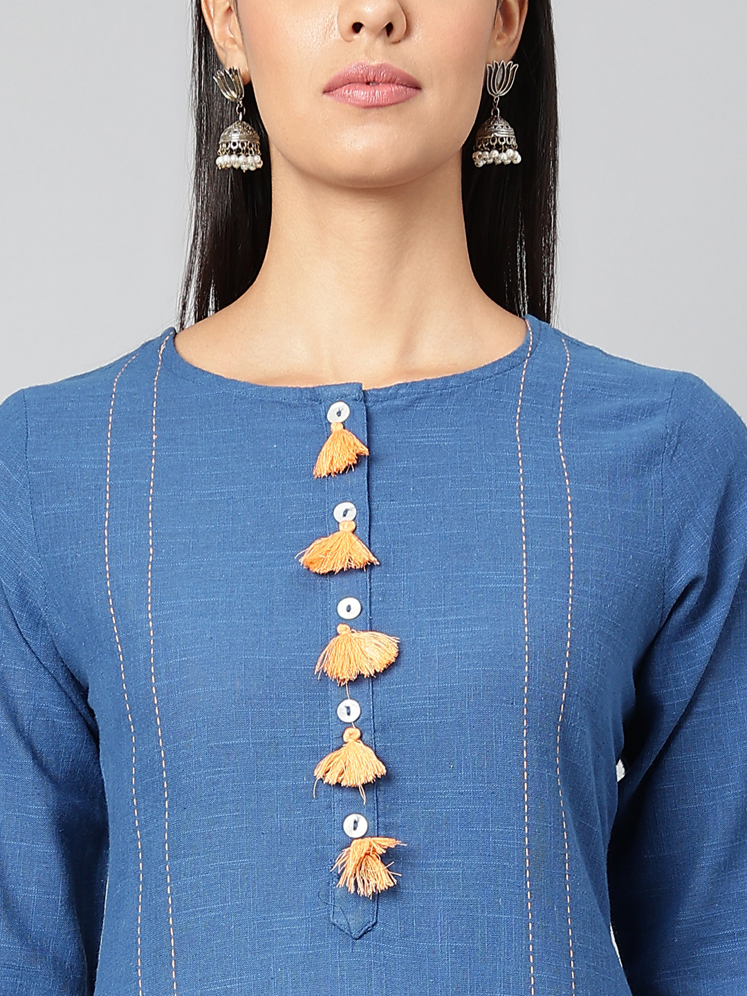 Women Solid Cotton Blend Straight Kurta - Plus Size, Embroidered Blue Design | Quick Dry, Waterproof, Trendy 3-4th Sleeve For All Seasons