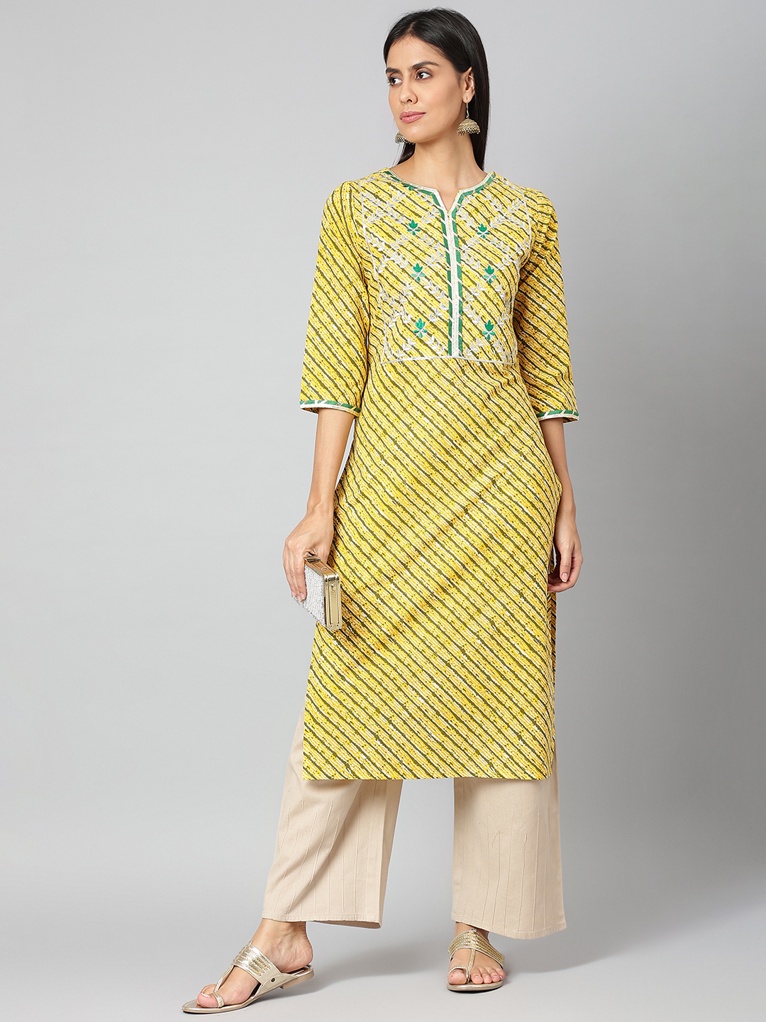 Women Straight Kurta - Embroidered Cotton, Yellow Color, 3-4th Sleeve | Casual, Formal, Quick Dry, Ethnic Style