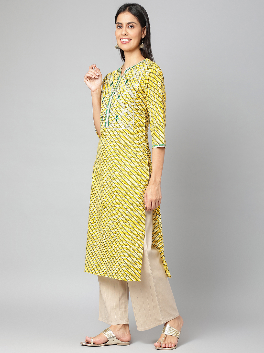 Women Straight Kurta - Embroidered Cotton, Yellow Color, 3-4th Sleeve | Casual, Formal, Quick Dry, Ethnic Style