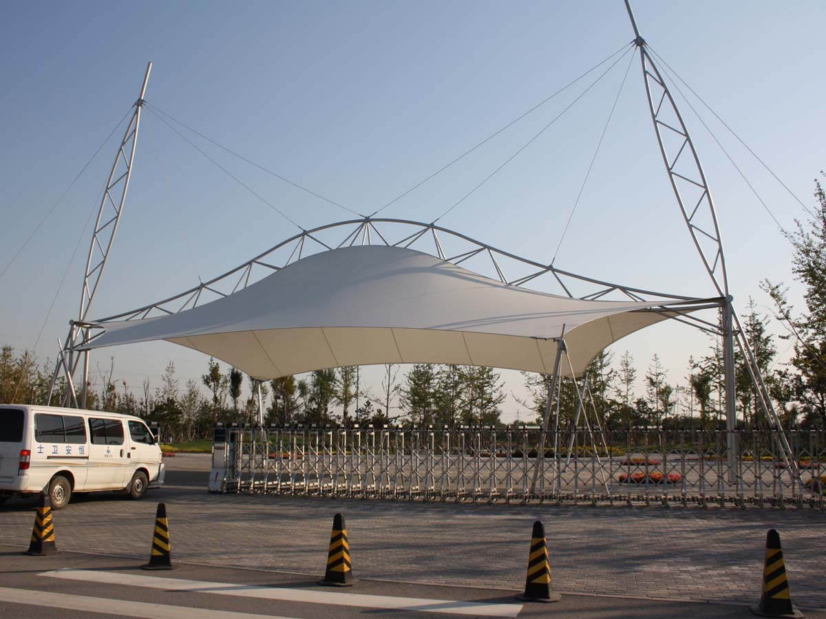 Entrance Tensile Structure - Fabric Canopy Membrane, Customized Design In White, Plain Tent Style, Supported By Steel Cables