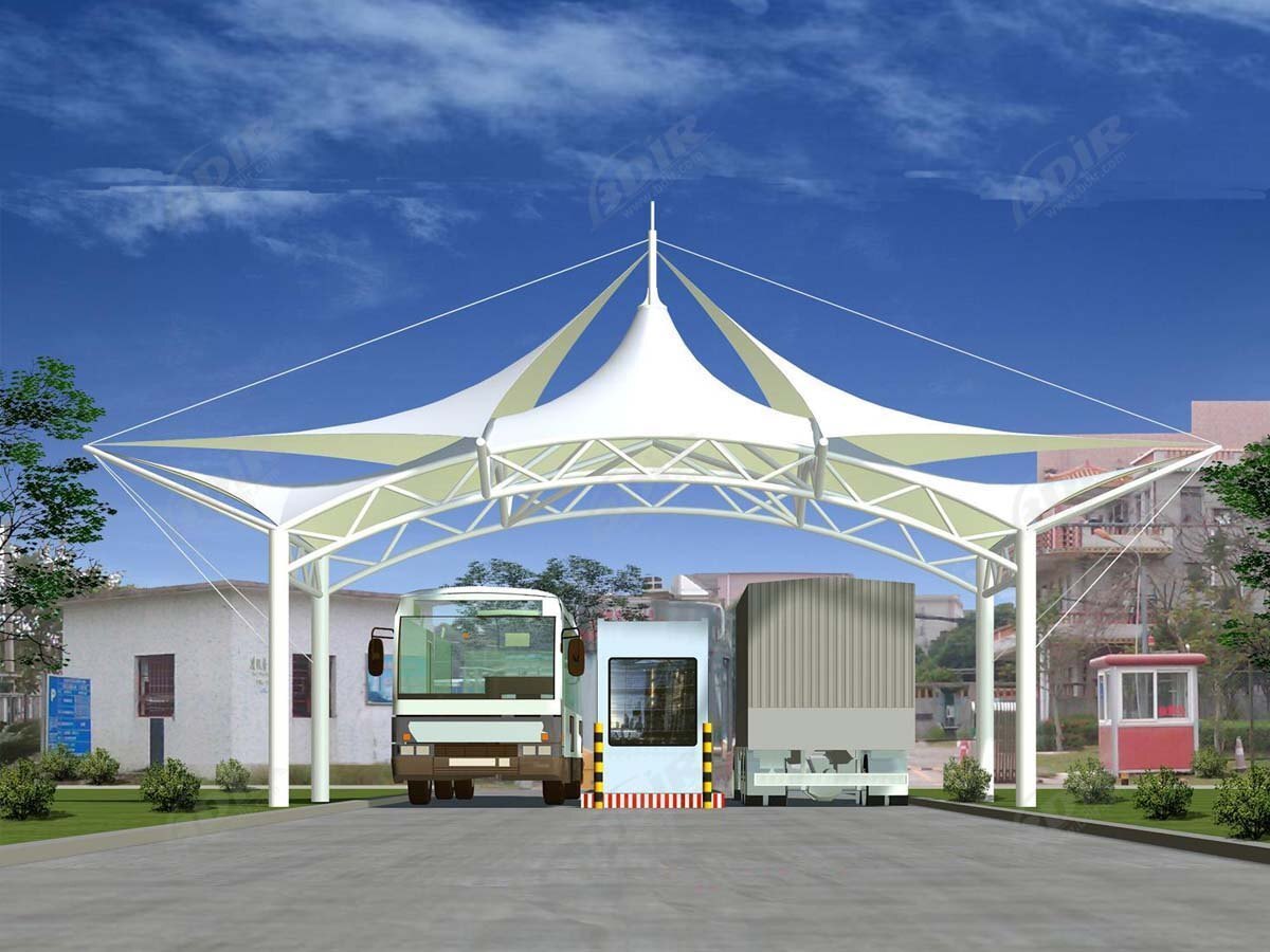 Entrance Tensile Structure - Fabric Canopy Membrane, Customized Design In White, Plain Tent Style, Supported By Steel Cables