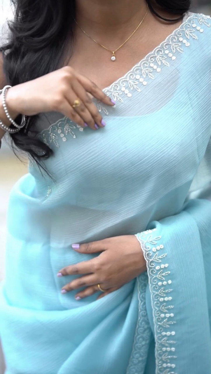 Hand Work Sarees - Tissue Fabric, Sky Blue Color | Party Wear Elegance With Intricate Design