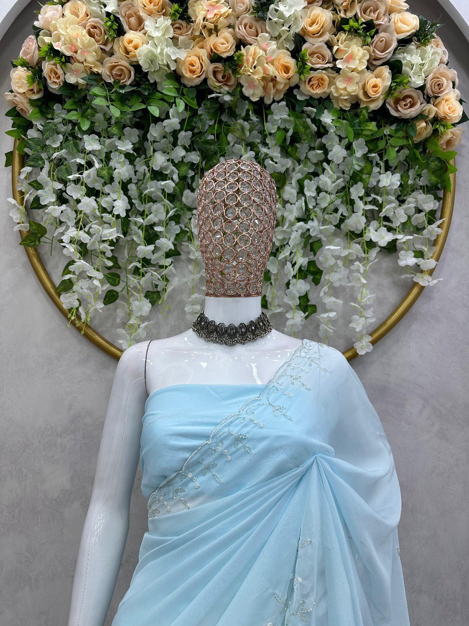 Hand Work Sarees - Tissue Fabric, Sky Blue Color | Party Wear Elegance With Intricate Design