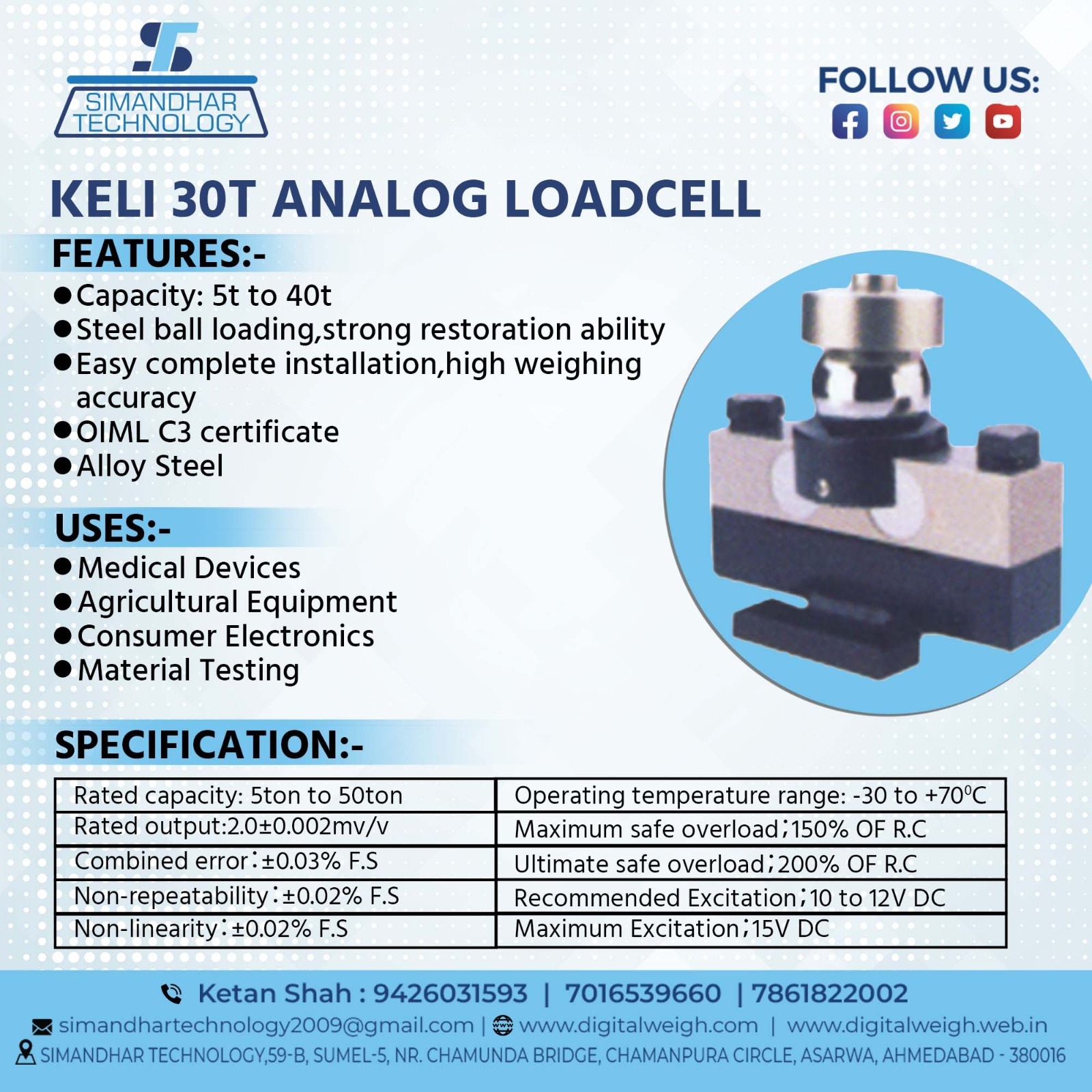 Keli Analog Load Cell - 30 Ton Capacity, 16.750kg Total Weight | Durable Design, No Warranty