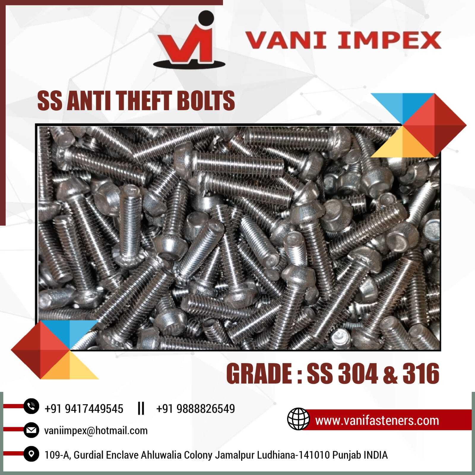 Ss 304 Anti Theft Bolt - Stainless Steel, Sizes M6-m12, Lengths 25-40mm | Ideal For Solar Panel Applications, Available In Ss202, Ss304, Ss316