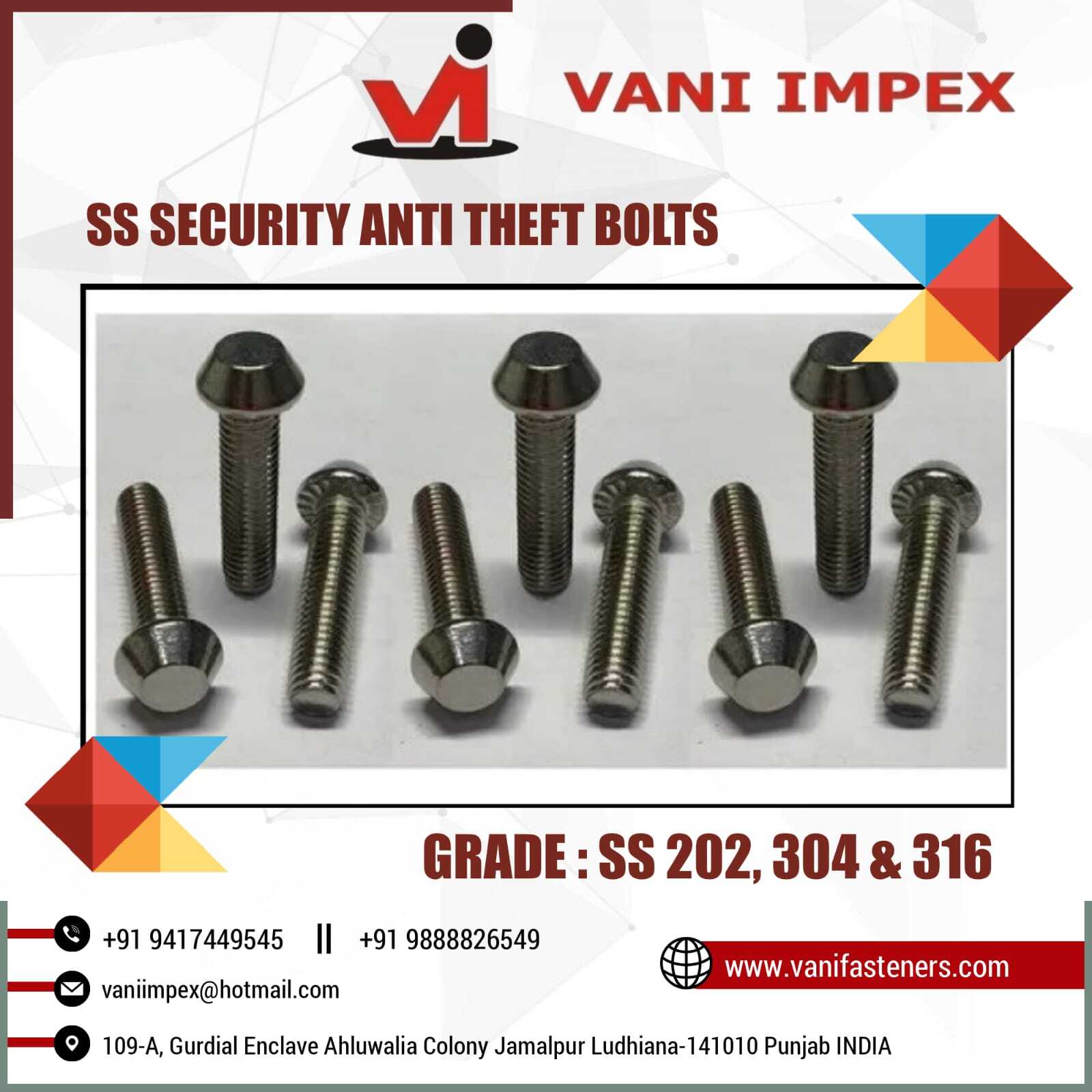 Ss 304 Anti Theft Bolt - Stainless Steel, Sizes M6-m12, Lengths 25-40mm | Ideal For Solar Panel Applications, Available In Ss202, Ss304, Ss316