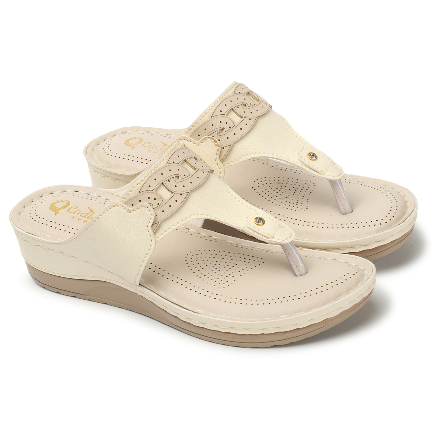 Ladies Hub Extra Soft Wedge Thong Sandals - Size 38-42 Cream Color | Arch Support Unique Hollow Laser Design Anti-slip Sole