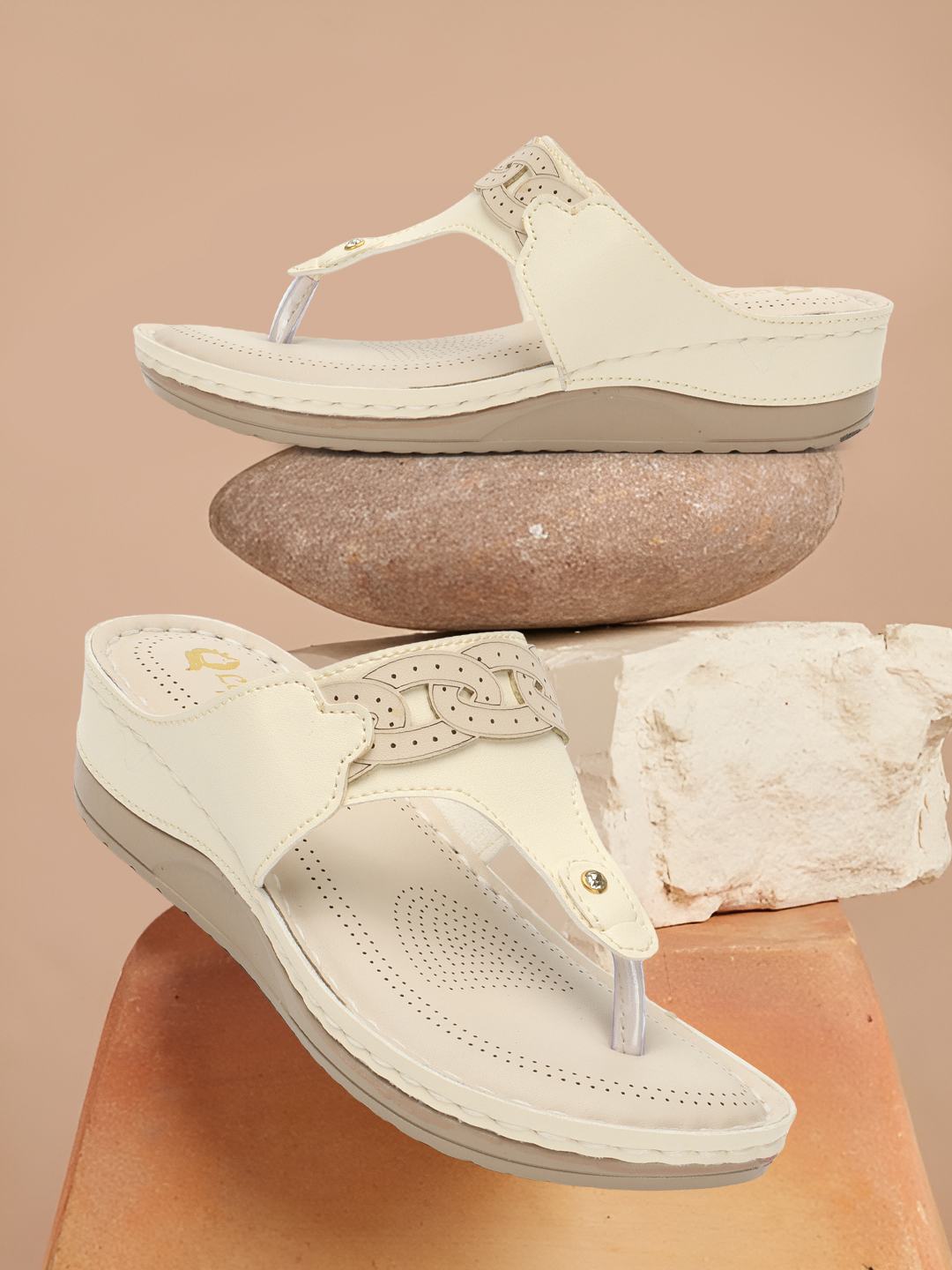Ladies Hub Extra Soft Wedge Thong Sandals - Size 38-42 Cream Color | Arch Support Unique Hollow Laser Design Anti-slip Sole