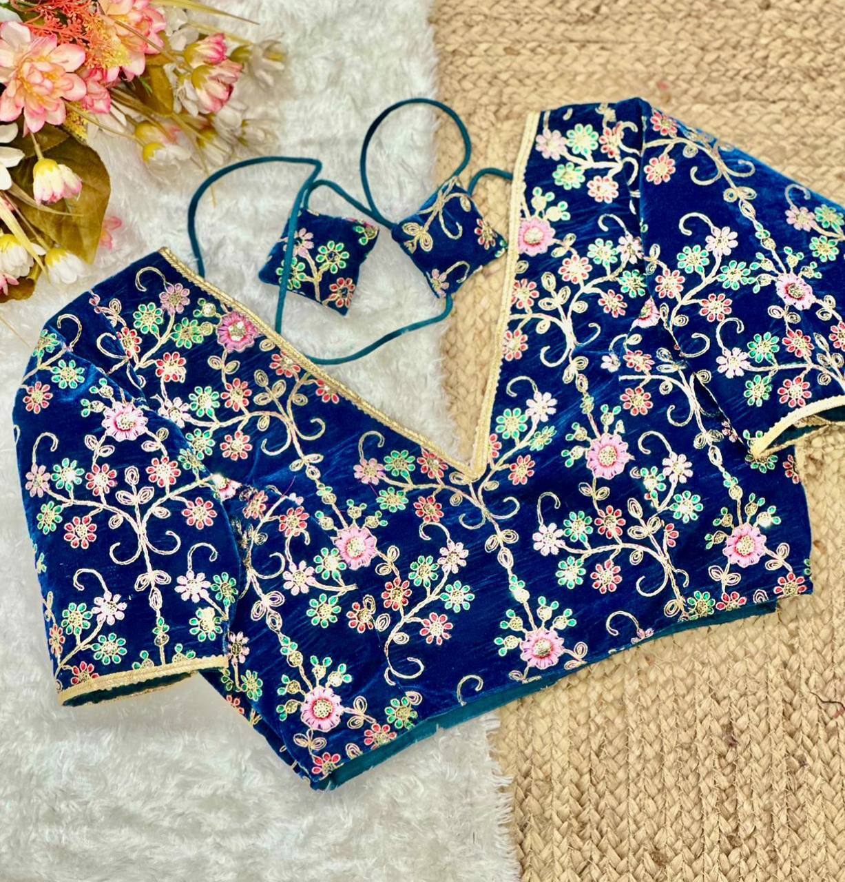 Ladies Blouse - Heavy Pure Soft 9000 Velvet, 38 Inch Ready Size | Black Ethnic Design, Short Sleeves, Embroidered Pattern, Dry Clean Only