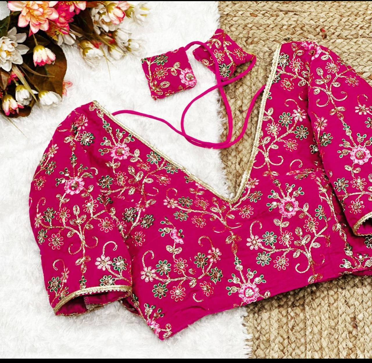 Ladies Blouse - Heavy Pure Soft 9000 Velvet, 38 Inch Ready Size | Black Ethnic Design, Short Sleeves, Embroidered Pattern, Dry Clean Only