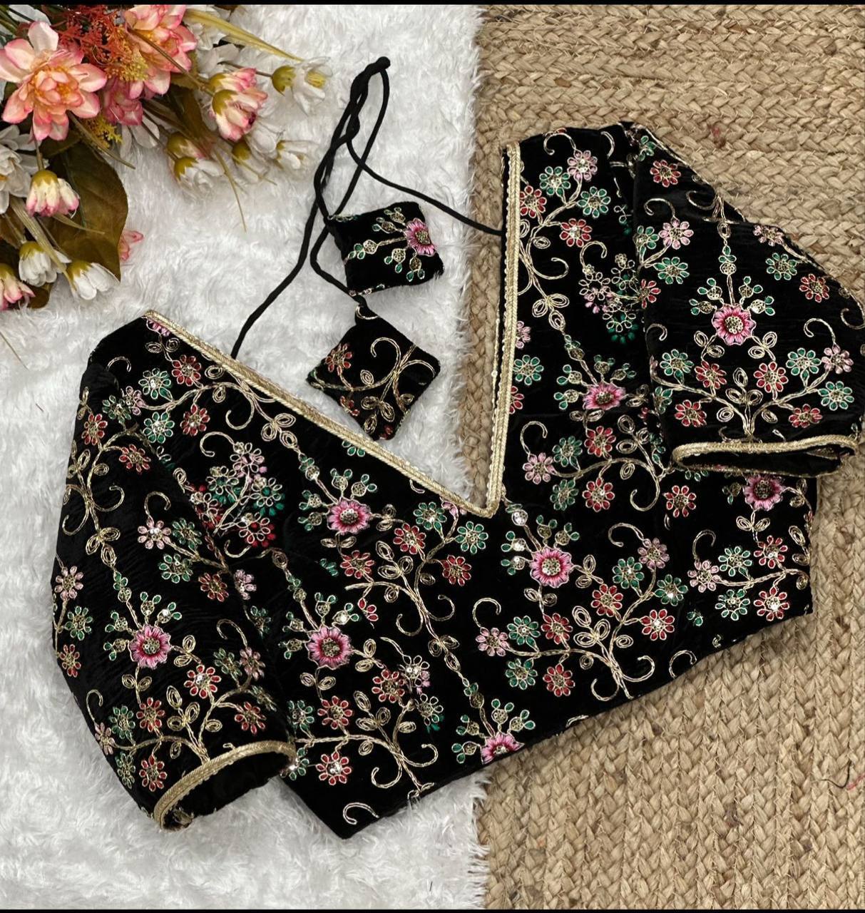 Ladies Blouse - Heavy Pure Soft 9000 Velvet, 38 Inch Ready Size | Black Ethnic Design, Short Sleeves, Embroidered Pattern, Dry Clean Only