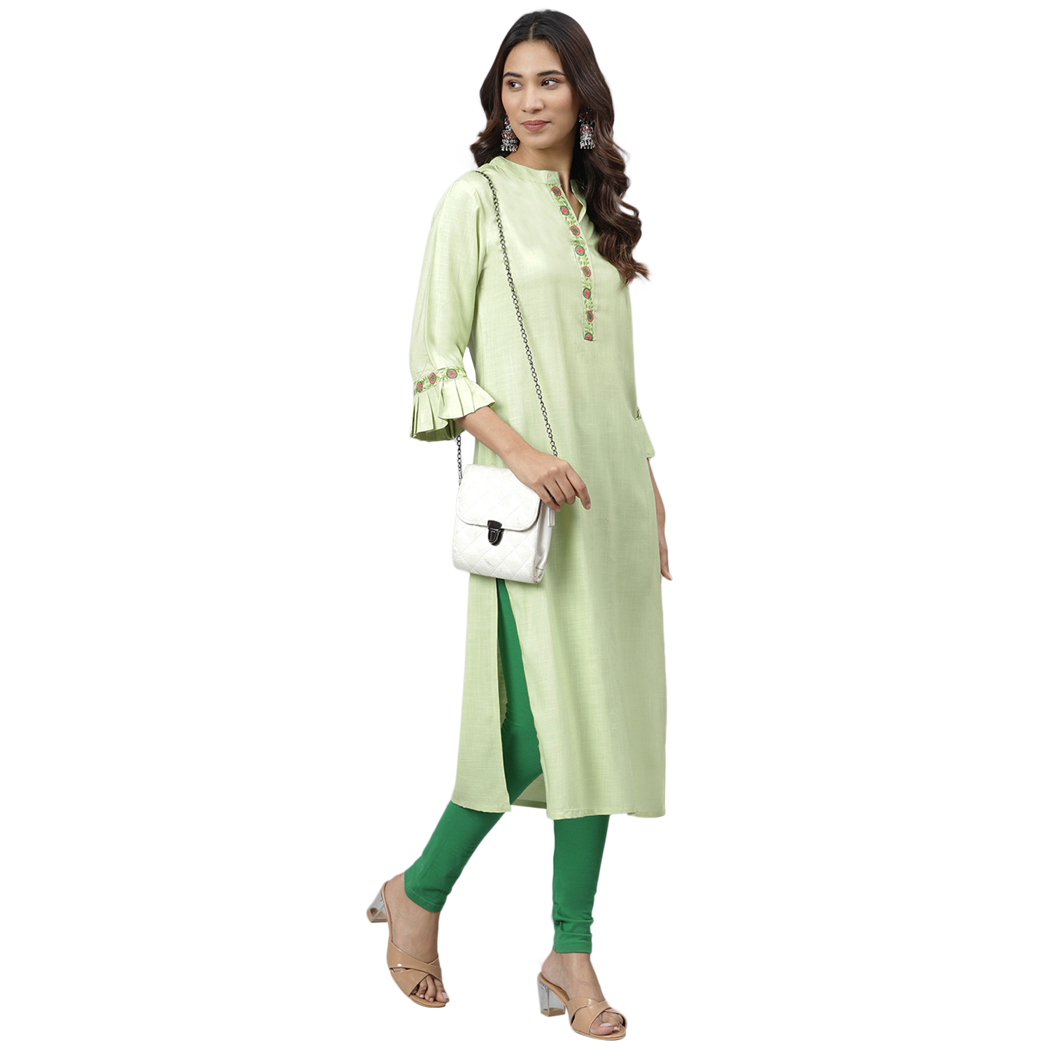 Women Straight Kurti - Viscose Rayon Size S To Xxl Green Color With Handworked Embroidery Ideal For Casual Formal Party Wear