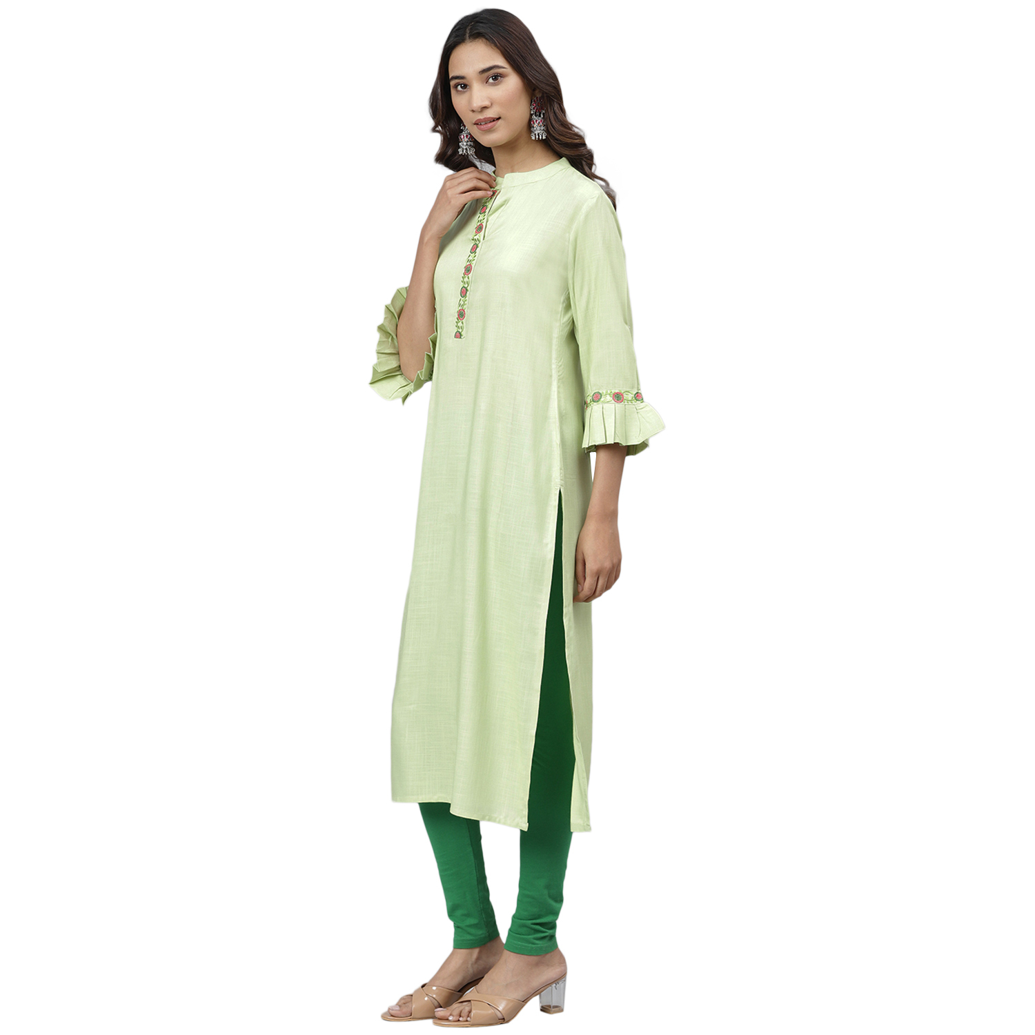 Women Straight Kurti - Viscose Rayon Size S To Xxl Green Color With Handworked Embroidery Ideal For Casual Formal Party Wear