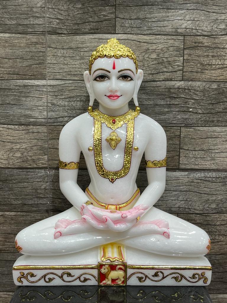 Marble Jain Mahaveer Statue - High Hardness Marble, Medium Size, White With Golden And Pink Accents - Intricate Handcrafted Carving, Polished Finish