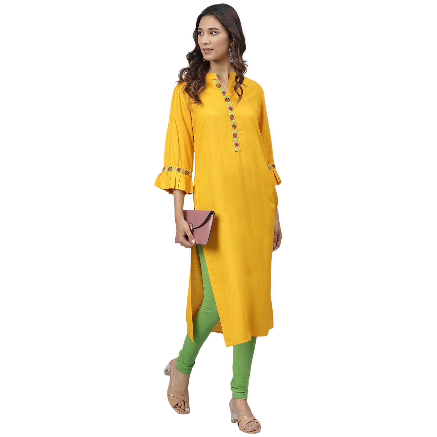 Solid Viscose Rayon Straight Kurta - Yellow, Size S To Xxl | Quick Dry, Washable, Water Proof, 3/4 Sleeve, Embroidered Design, Ideal For All Seasons
