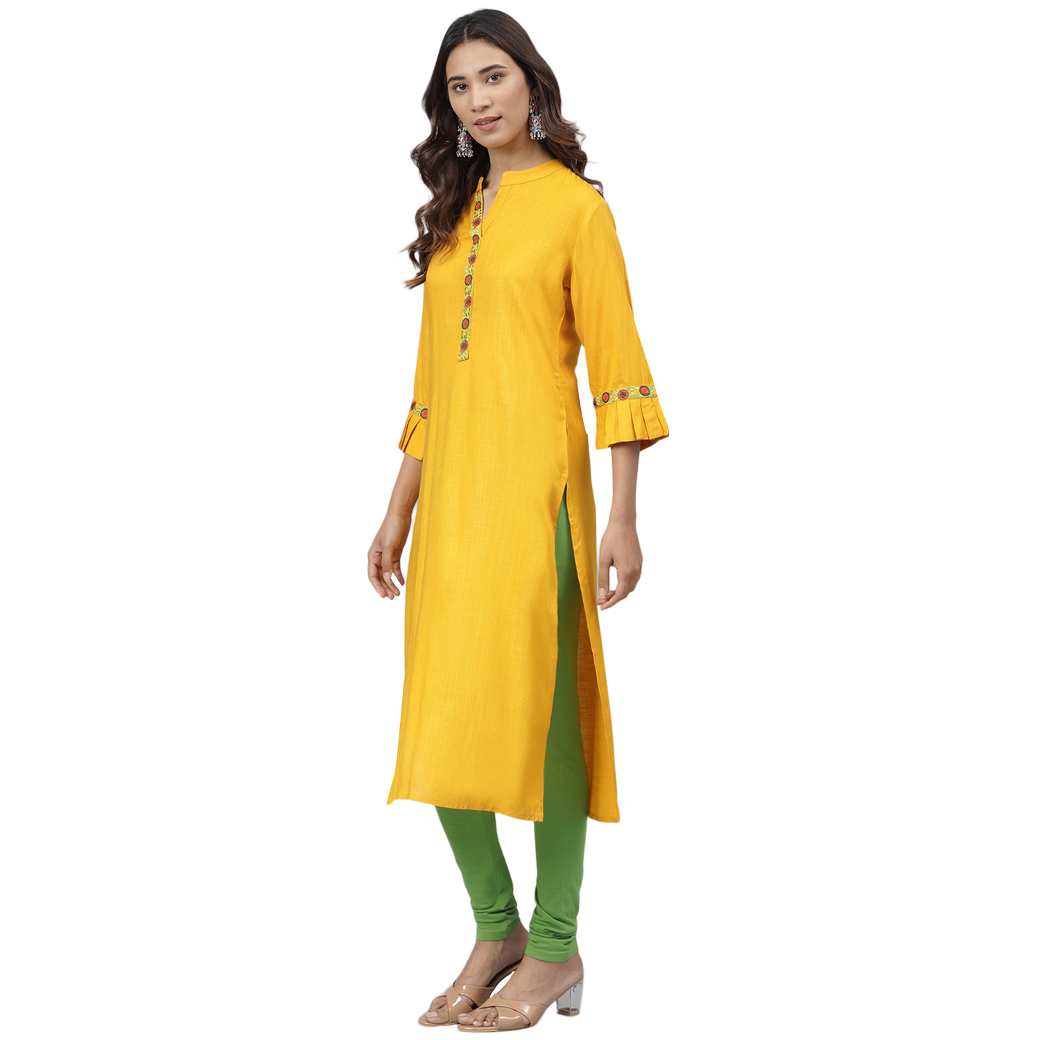 Solid Viscose Rayon Straight Kurta - Yellow, Size S To Xxl | Quick Dry, Washable, Water Proof, 3/4 Sleeve, Embroidered Design, Ideal For All Seasons