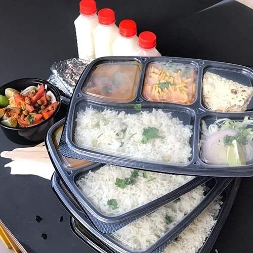 5cp Plastic Meal Tray - Plastic 5 Compartments White/black | Ecofriendly Oil Resistant Microwave Safe Snap Lift Design Stain Resistant