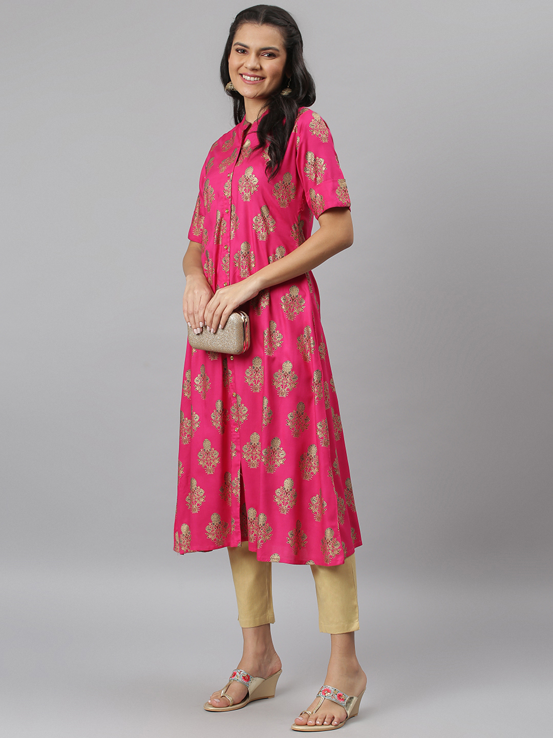 Viscose Rayon A-line Kurta - Xl Size, Pink Color, 3-4th Sleeve | Ethnic Wear, Quick Dry, Washable, Embroidered Design