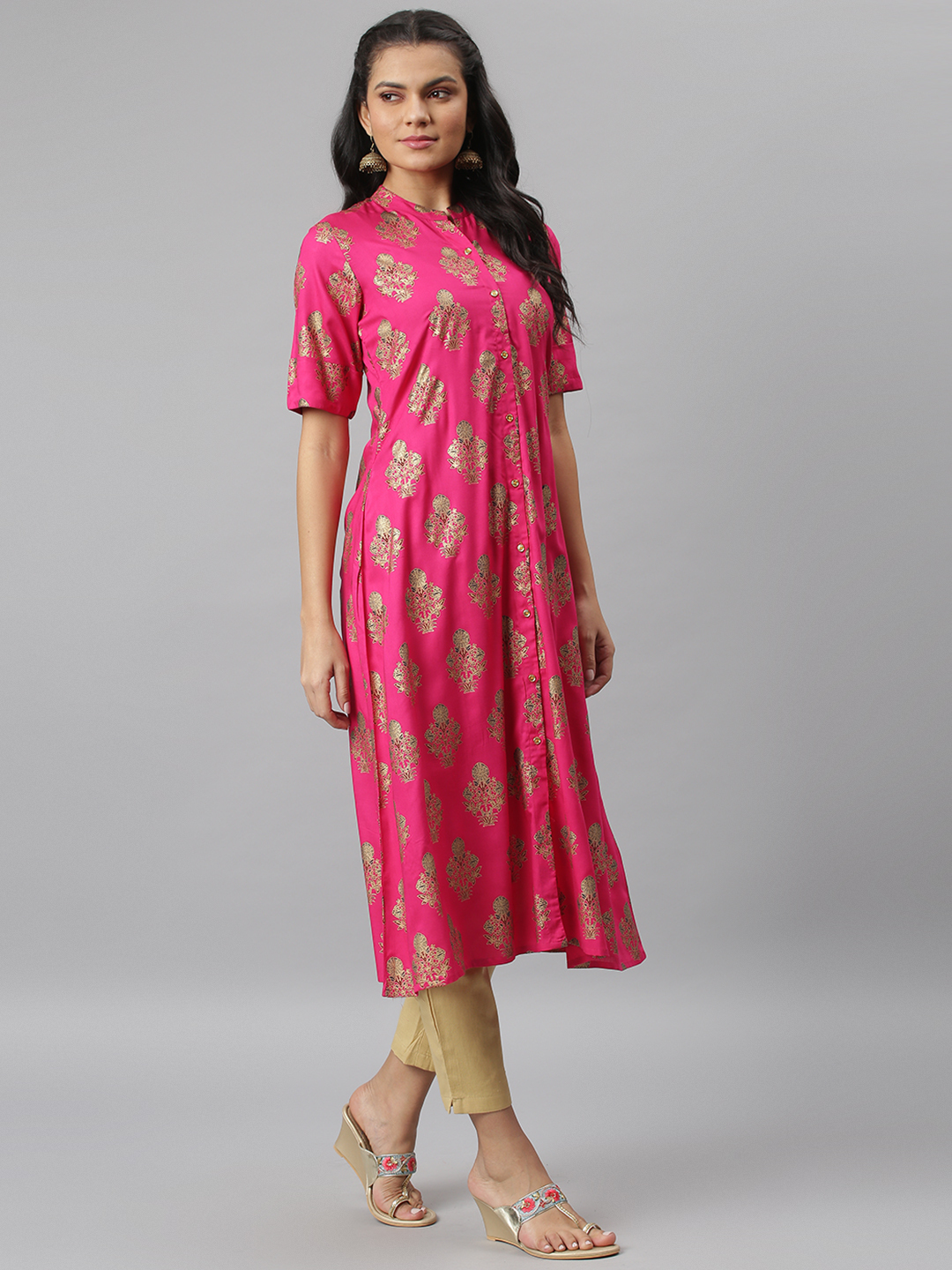 Viscose Rayon A-line Kurta - Xl Size, Pink Color, 3-4th Sleeve | Ethnic Wear, Quick Dry, Washable, Embroidered Design