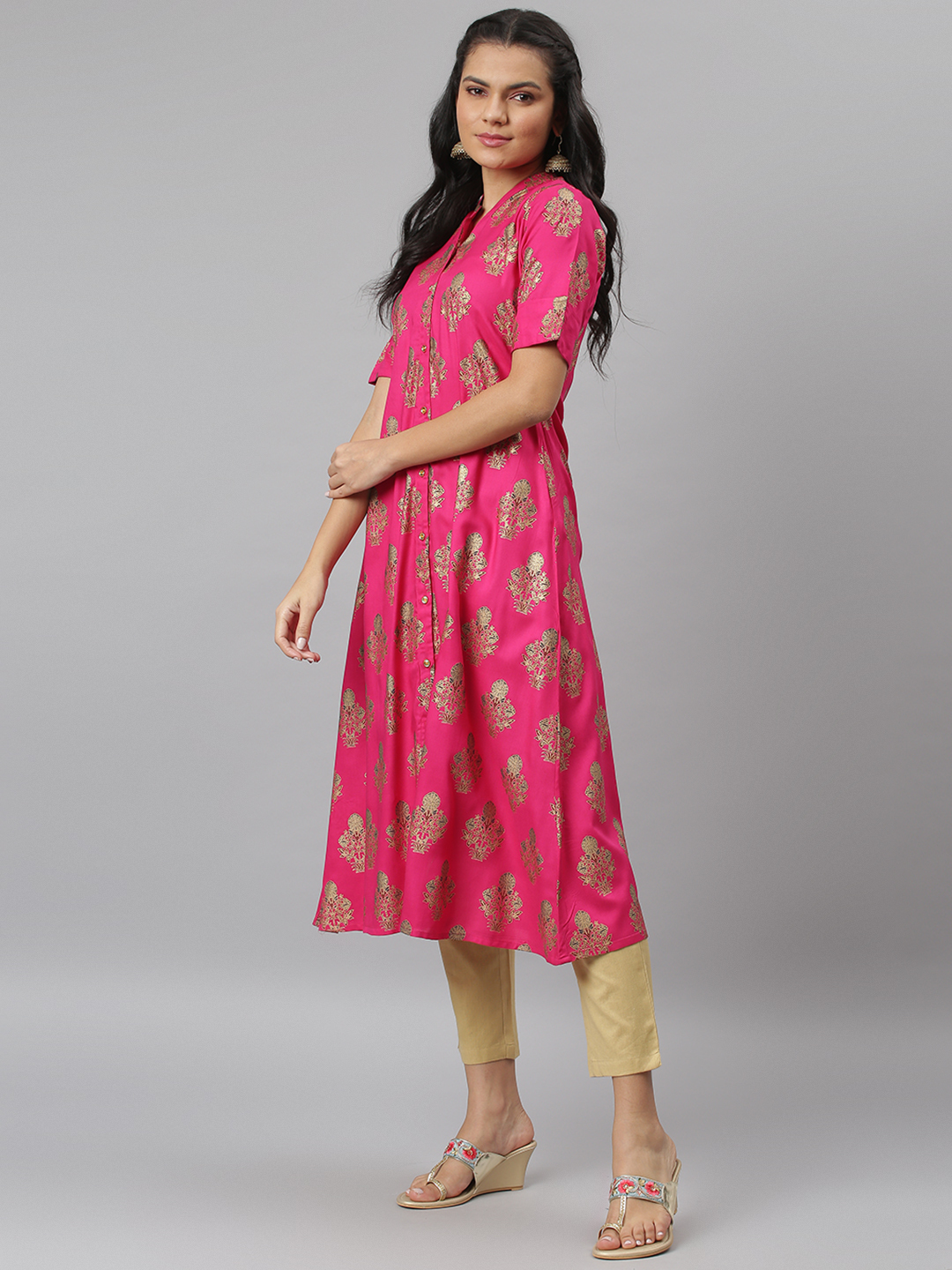 Viscose Rayon A-line Kurta - Xl Size, Pink Color, 3-4th Sleeve | Ethnic Wear, Quick Dry, Washable, Embroidered Design
