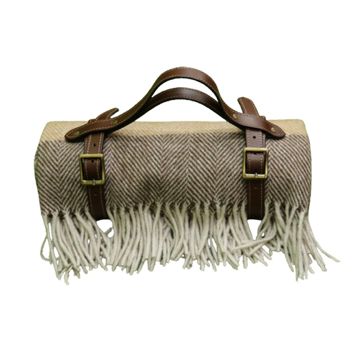 रेखांकित हेरिंगबोन सरसों और प्राकृतिक भूरा ऊनी कंबल