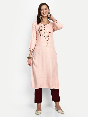 Ladies Rayon Slub Kurta Pant Set - Color: Peach