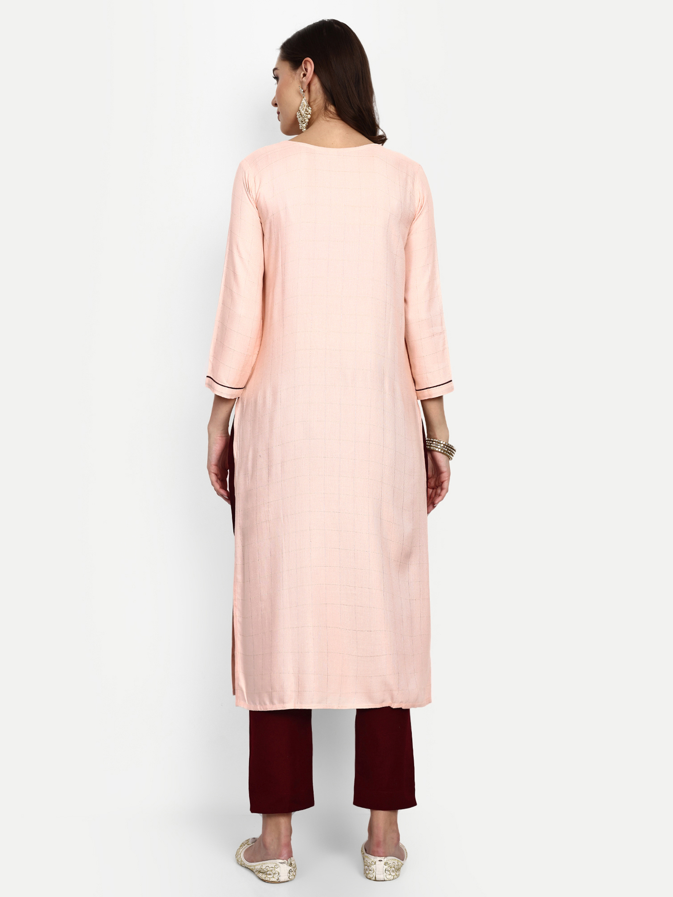 Ladies Rayon Slub Kurta Pant Set - Color: Peach