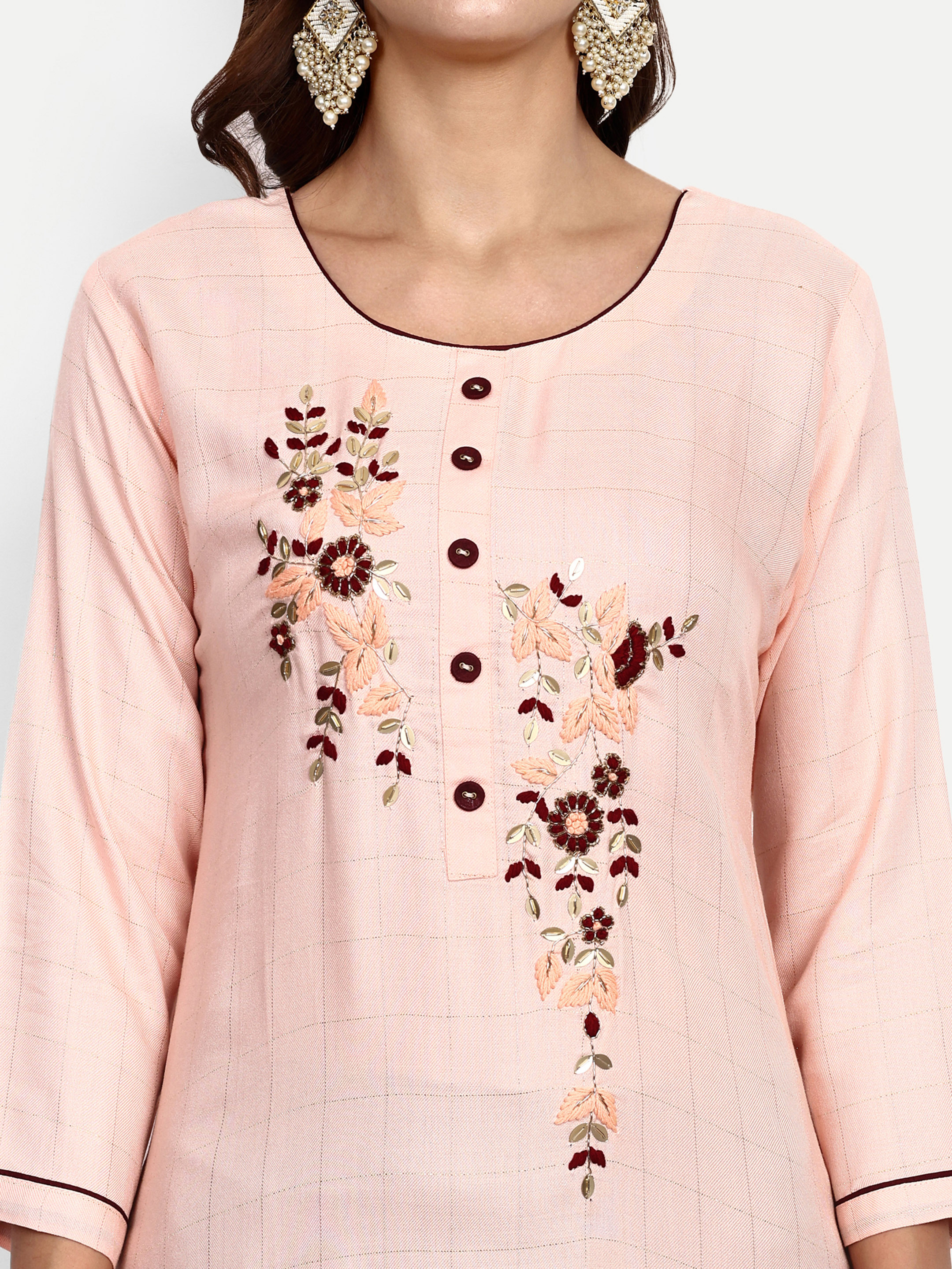 Ladies Rayon Slub Kurta Pant Set - Color: Peach