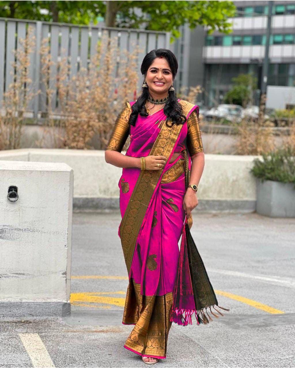 Lichi Saree - Soft Lichi Silk Cloth, Beautiful Rich Pallu & Jacquard Work, Running Heavy Brocade Blouse | Anti-wrinkle, Dry Clean, All Season