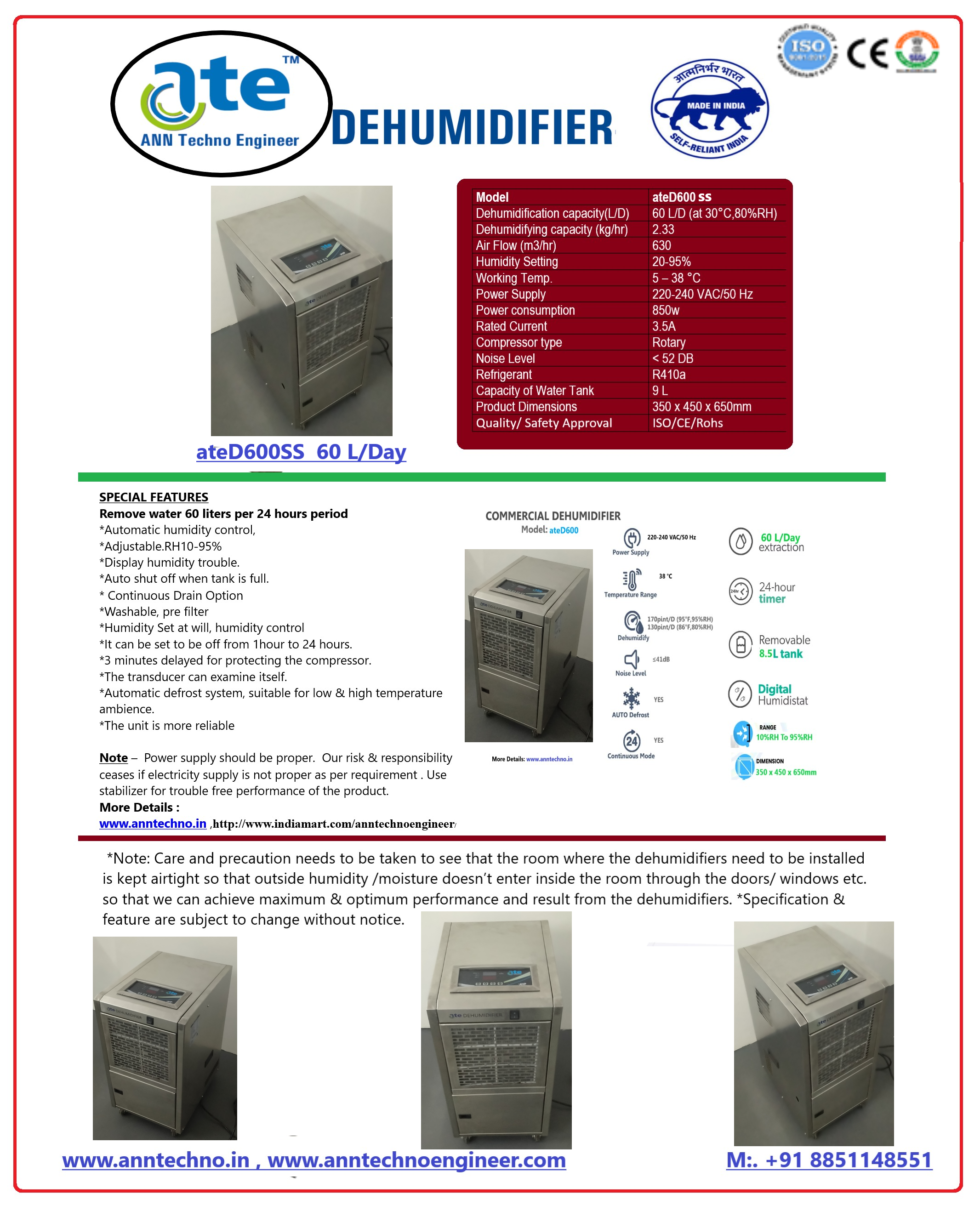 Portable Refrigerative Dehumidifier - Stainless Steel 304 60l/day 350x450x650mm | Auto Shut Off Digital Control Panel 5000-7000 Ftâ² Coverage Self-examining Transducer Continuous Drain Option