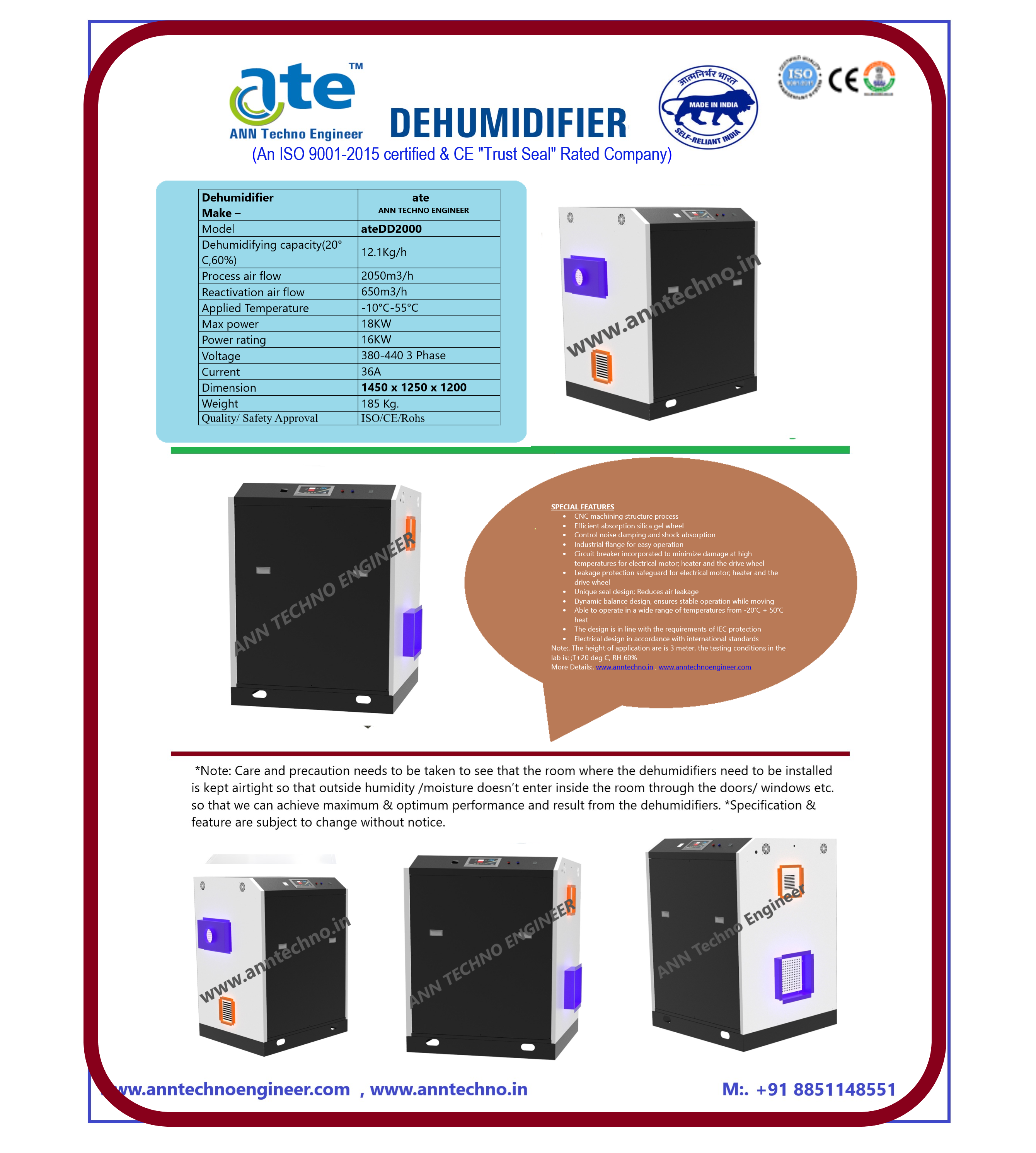 Industrial Desiccant Dehumidifier 2000cmh - Gi Powder Coated Material, 1450x1250x1200 Mm, Black And White | Digital Control Panel, Auto Switch Off, Operating Temp -10â°c To 55â°c, Iec Compliance