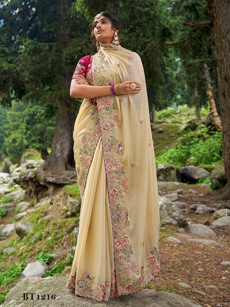 Designer Saree - Pure Soft Zimmy Cho Silk, Embroidered Multi Treads & Sequin Work, Unstitched Blouse in Mono Banglory Silk