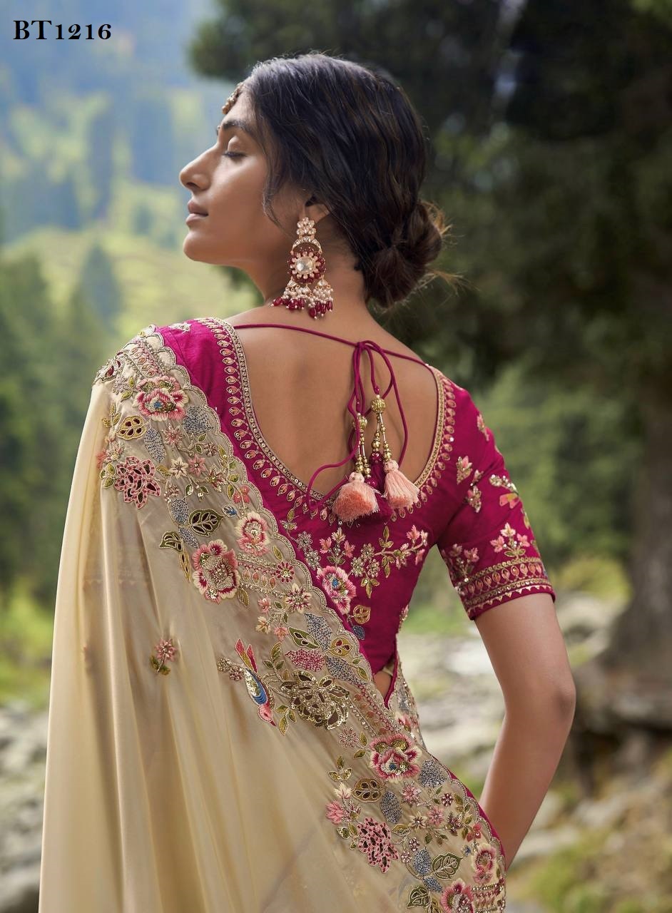 Designer Saree - Pure Soft Zimmy Cho Silk, Embroidered Multi Treads & Sequin Work, Unstitched Blouse In Mono Banglory Silk