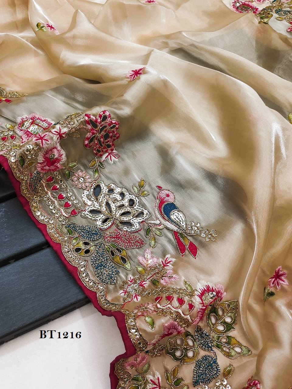 Designer Saree - Pure Soft Zimmy Cho Silk, Embroidered Multi Treads & Sequin Work, Unstitched Blouse In Mono Banglory Silk