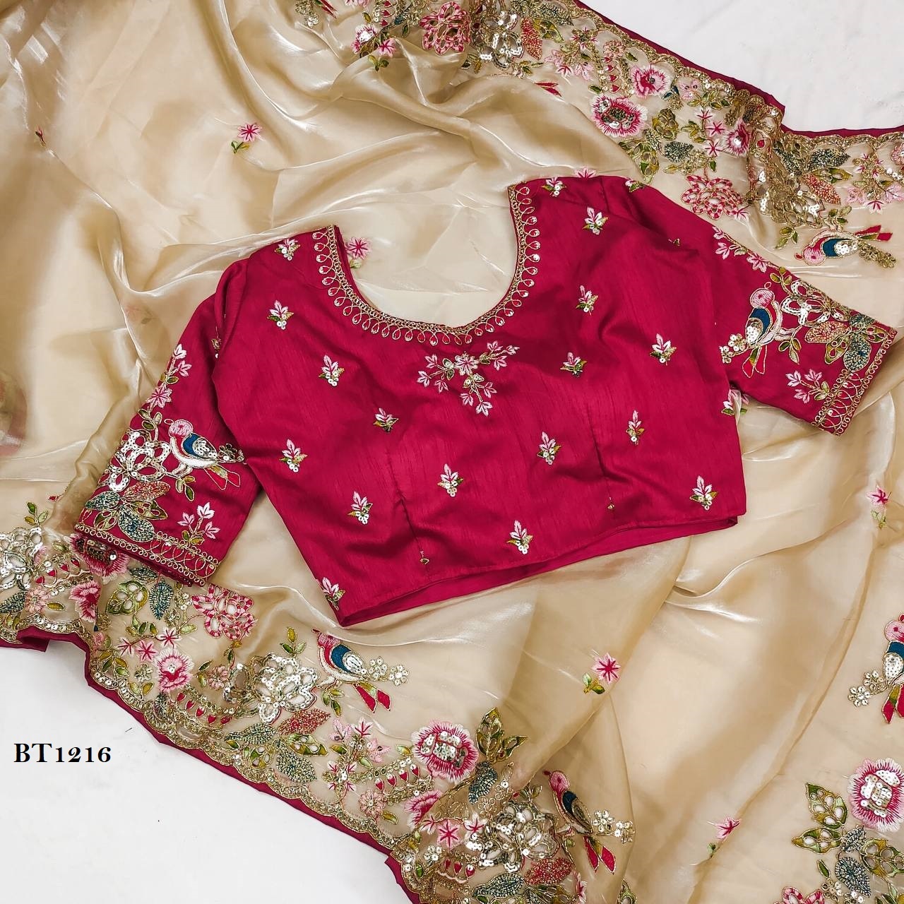 Designer Saree - Pure Soft Zimmy Cho Silk, Embroidered Multi Treads & Sequin Work, Unstitched Blouse In Mono Banglory Silk