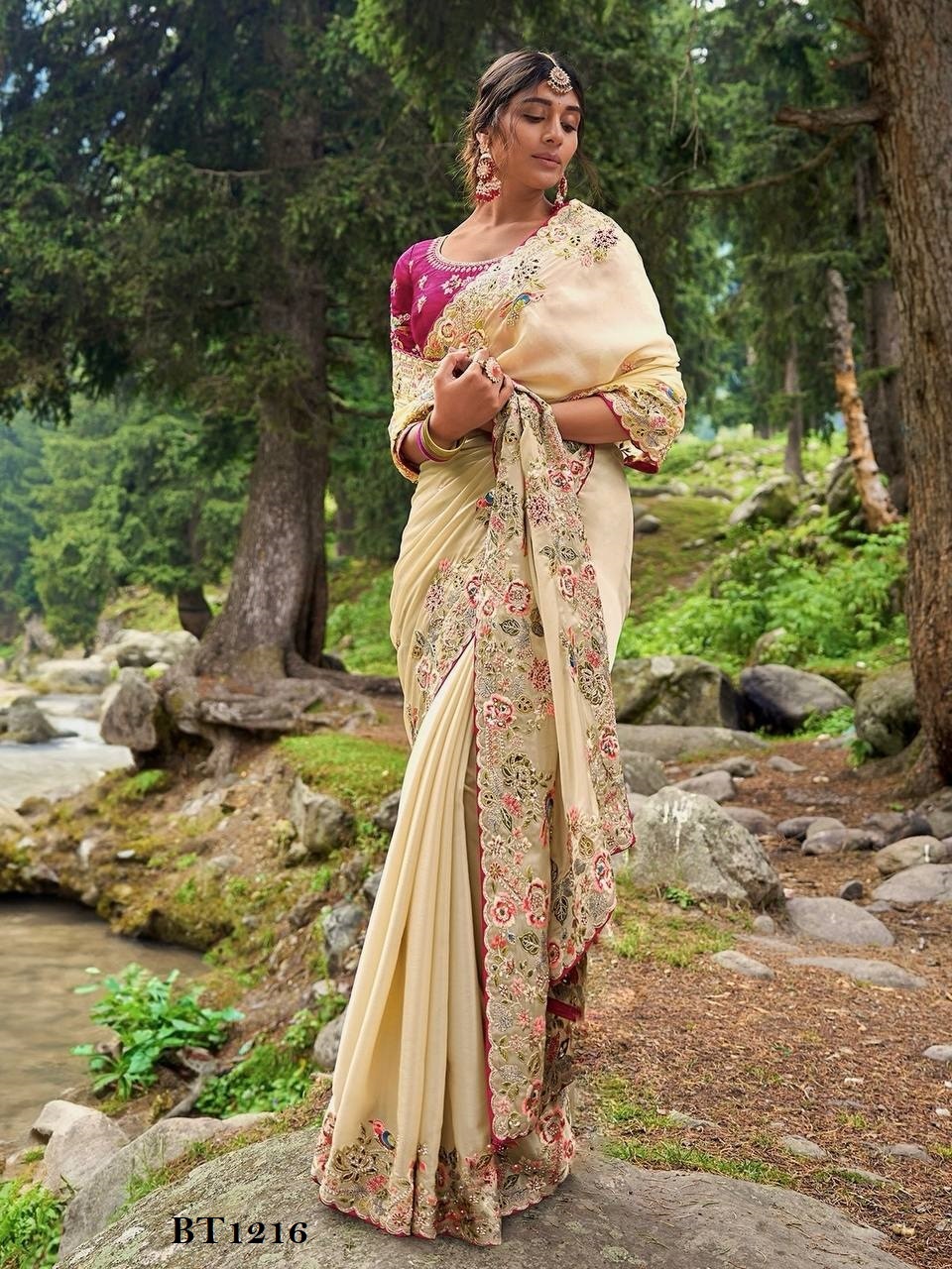 Designer Saree - Pure Soft Zimmy Cho Silk, Embroidered Multi Treads & Sequin Work, Unstitched Blouse In Mono Banglory Silk