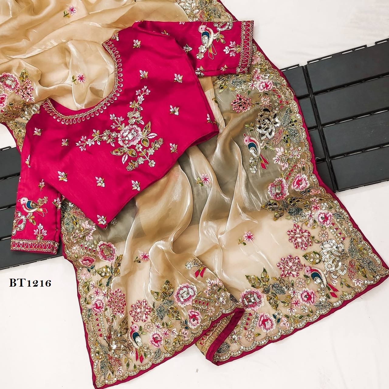 Designer Saree - Pure Soft Zimmy Cho Silk, Embroidered Multi Treads & Sequin Work, Unstitched Blouse In Mono Banglory Silk