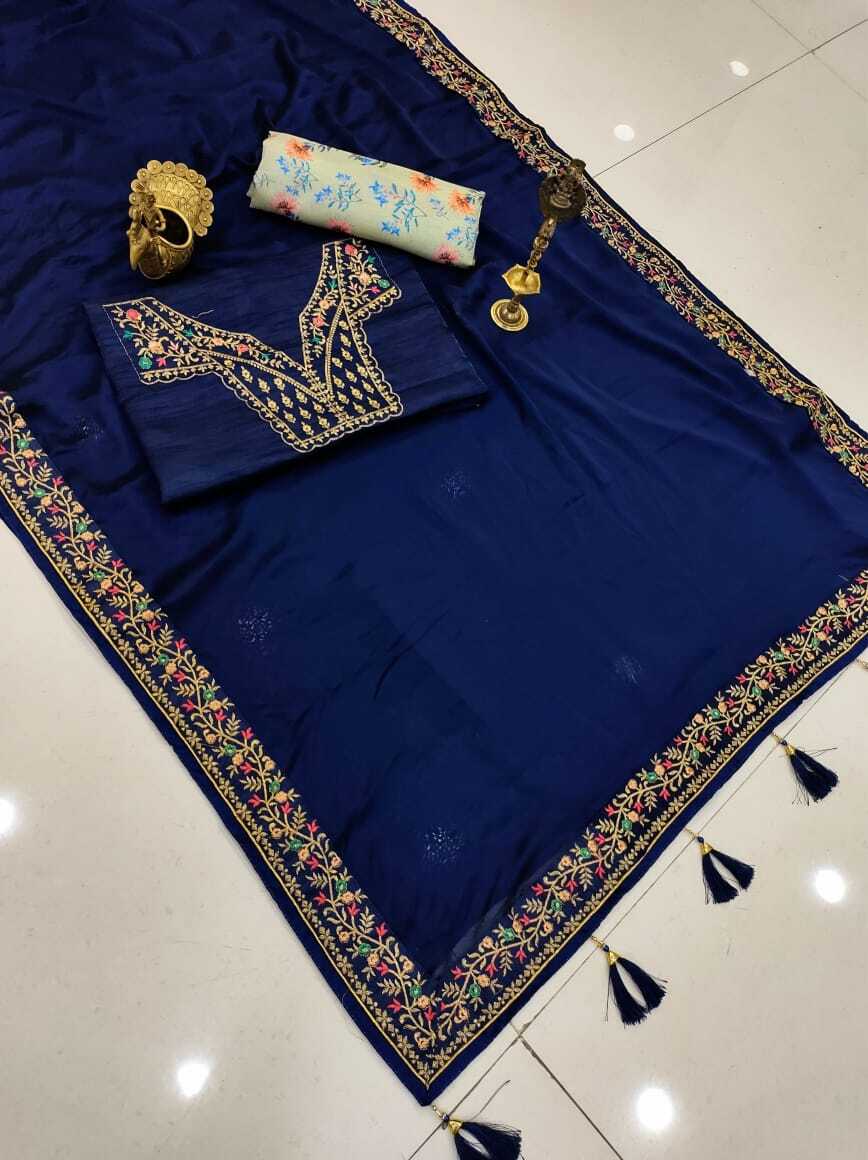 Embroidered Saree - Pure Rangoli Silk With Embroidery Thread Work Full Border, Quick Dry, Anti Wrinkle, Washable, All Season Wear