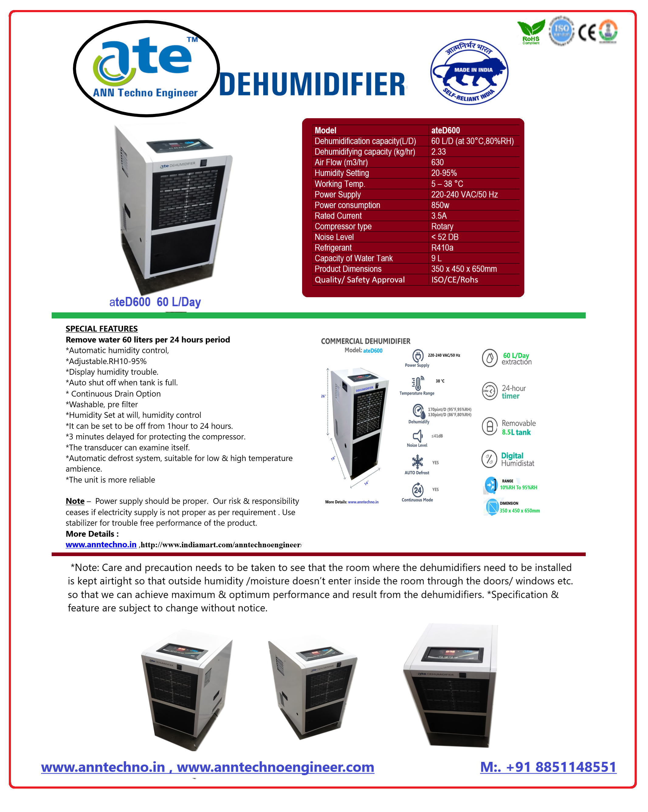 Ated600 60l-day Commercial Refrigerant Dehumidifier
