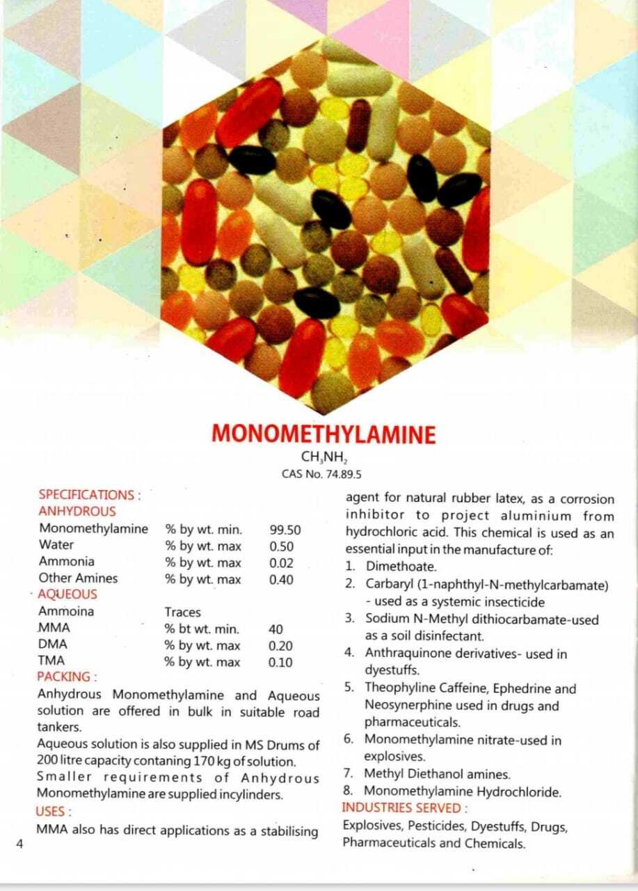 Mono Methylamine - 99.5% W/w Minimum Purity, 0.5% W/w Maximum Impurities