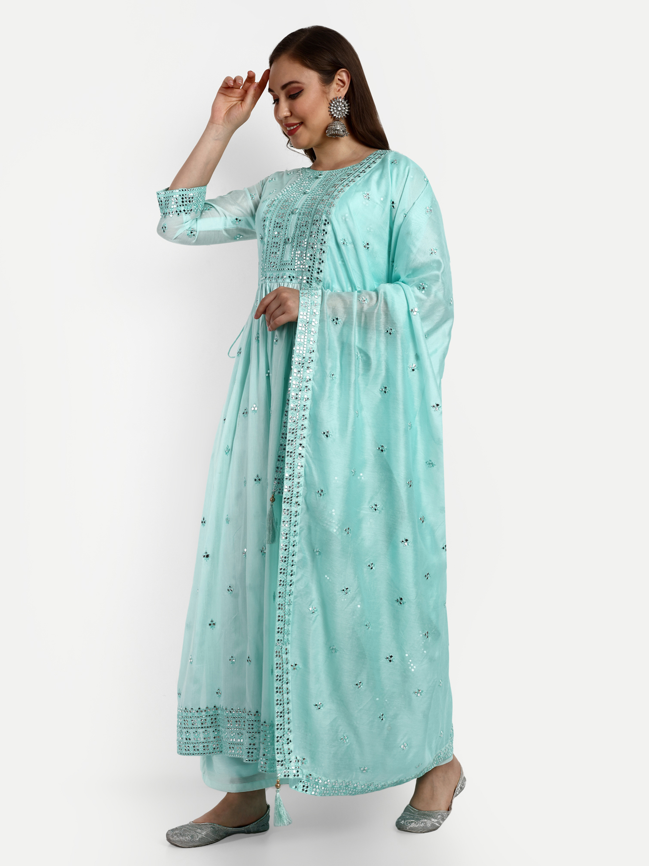Chanderi Silk Designer Palazzo Suits - Color: Sky