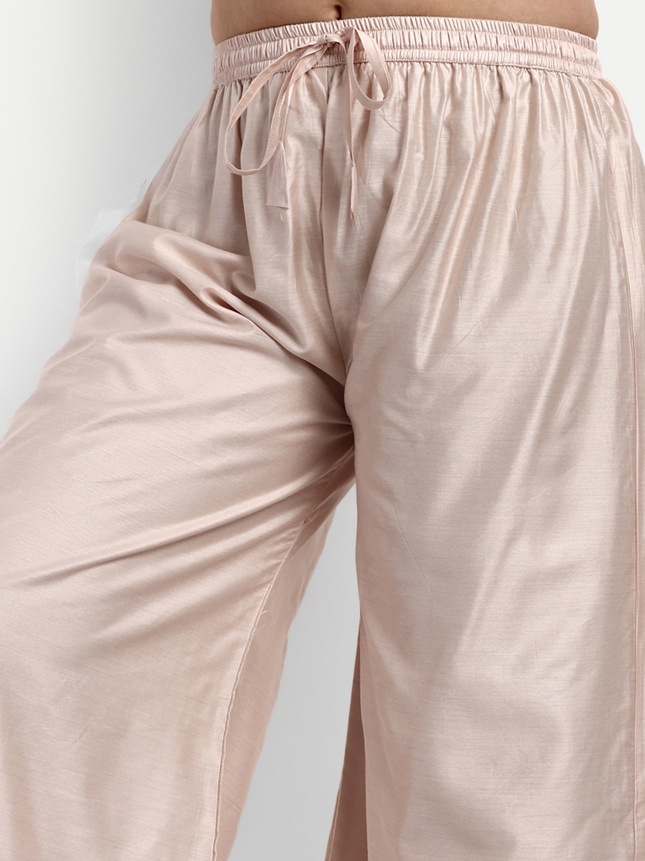 Cream Modal Chanderi Silk Palazzo Suits - Top Length Up To 50 Inch, Bottom Length Up To 38 Inch, Dupatta Length 2.20 Meter | Beautiful Sequence Embroidery, Heavy American Crepe Lining, Breathable And Non-toxic