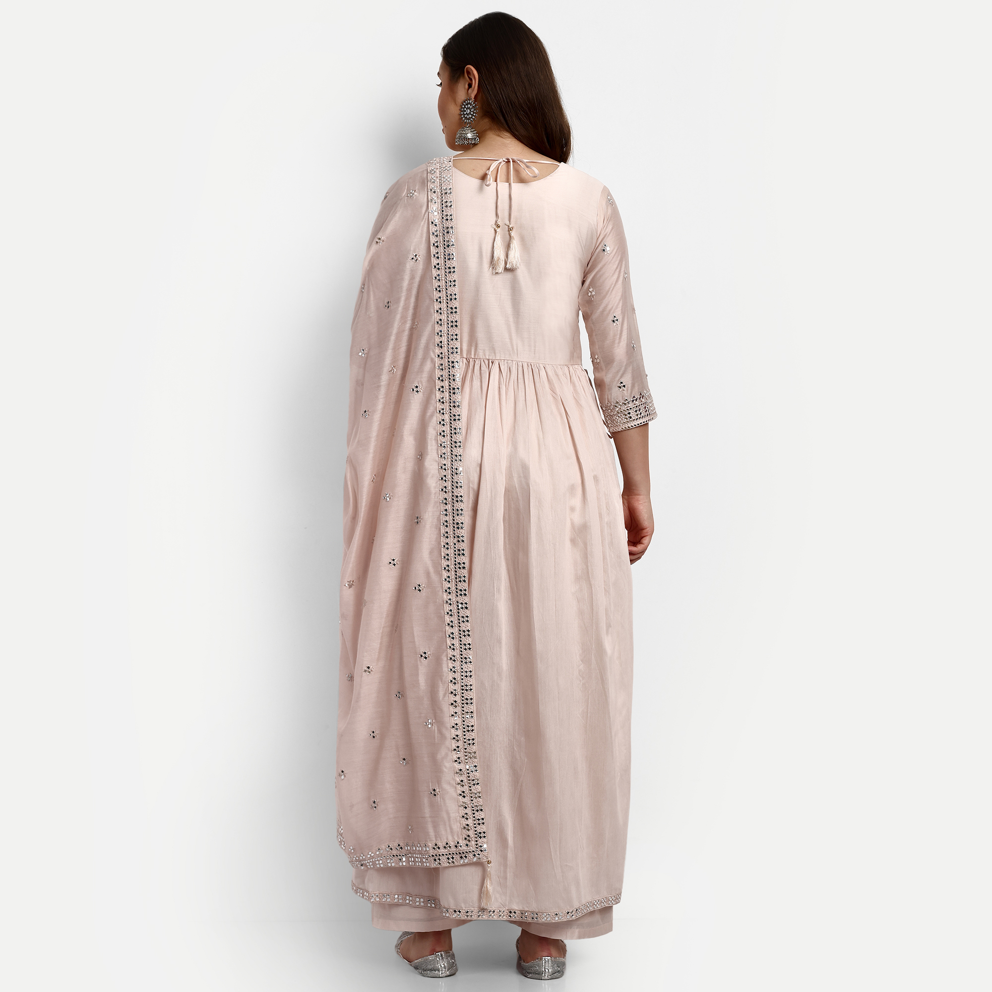 Cream Modal Chanderi Silk Palazzo Suits - Top Length Up To 50 Inch, Bottom Length Up To 38 Inch, Dupatta Length 2.20 Meter | Beautiful Sequence Embroidery, Heavy American Crepe Lining, Breathable And Non-toxic
